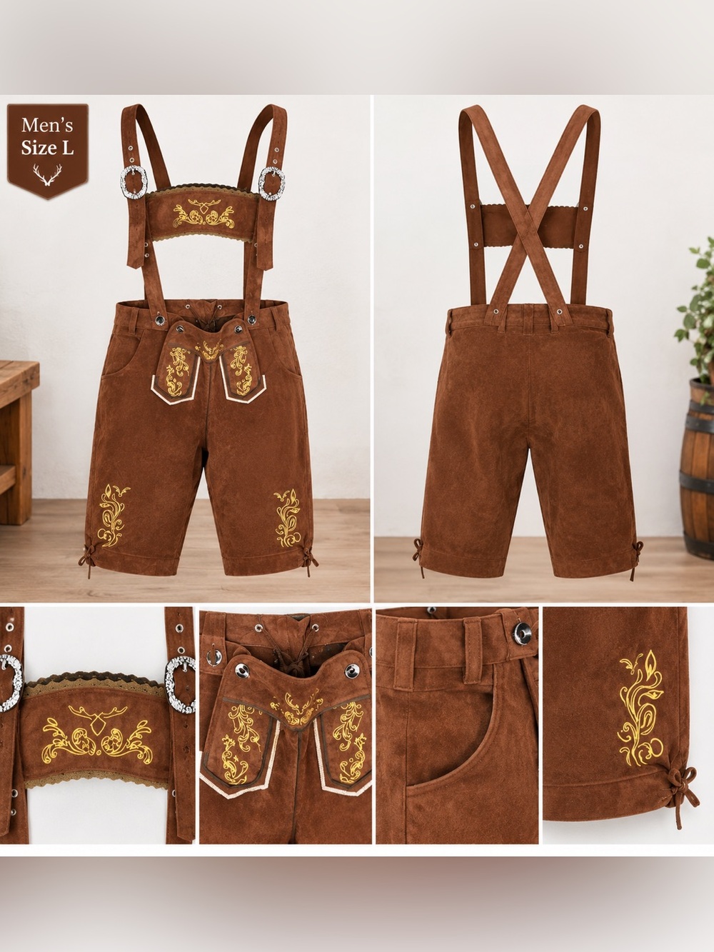 Men’s Brown Velvet Lederhosen Long Bavarian Oktoberfest pants L